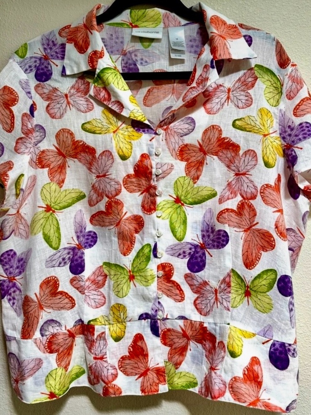 Liz Claiborne 100% Linen,sz 14 Blouse White Butterfly-Print Button Front Top